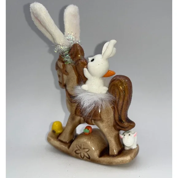 Vintage Ceramic Mini Rocking Horse Easter Bunny Chick Rider Faux Fur saddle OOAK - Picture 12 of 16